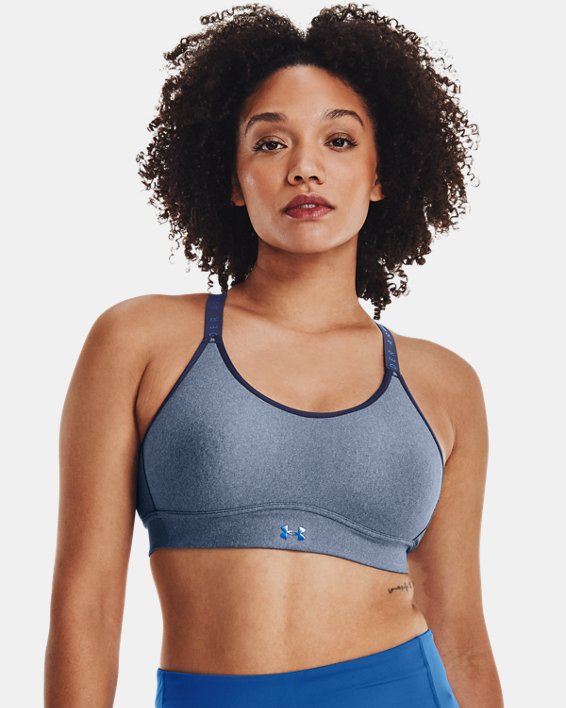 Women's UA Infinity Mid Heather Cover Sports Bra in Blue image number 2